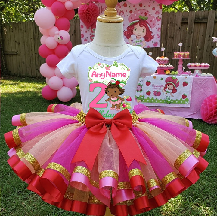 Strawberry Shortcake Black Baby Girl Tutu Set Girls Personalized Custom Hot Pink Gold Red Ribbon Sewn Trim Tutu Outfit Dress Theme Cake Smash Birthday Party