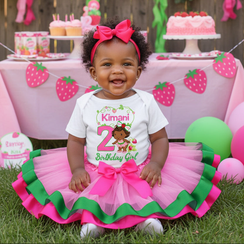 Strawberry Shortcake Black Baby Girl Tutu Set Girls Personalized Custom Pink Green Hot Pink Ribbon Trim Tutu Outfit Dress Theme Cake Smash Birthday Party