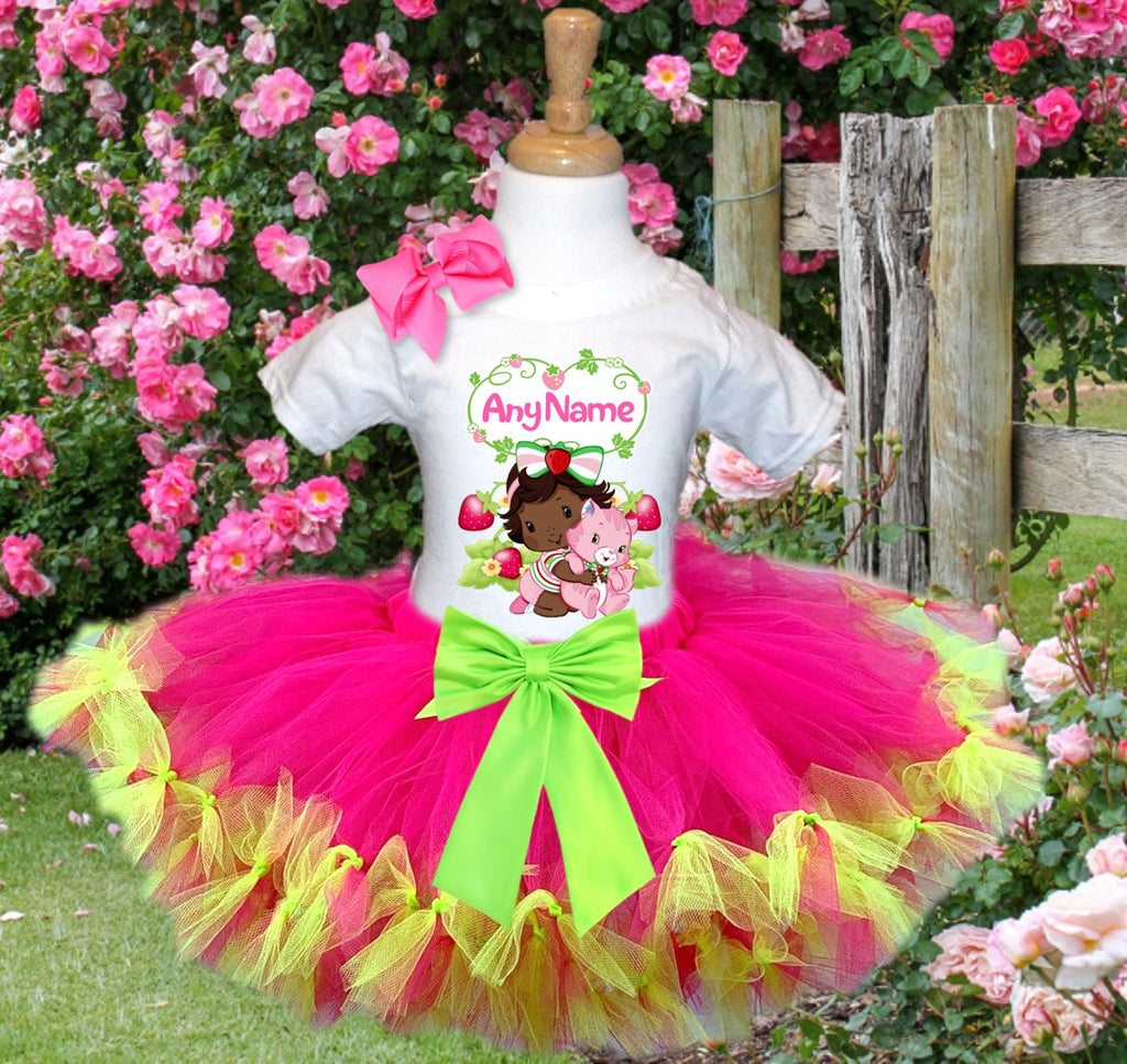 Strawberry Shortcake Black Baby Girl Tutu Set Girls Personalized Custom Hot Pink Lime Green Knots Tutu Outfit Dress Theme Cake Smash Party