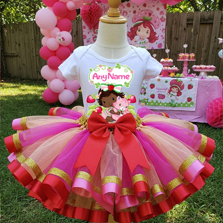 Strawberry Shortcake Black Baby Girl Tutu Set Girls Personalized Custom Hot Pink Gold Red Ribbon Sewn Trim Tutu Outfit Dress Theme Cake Smash Party