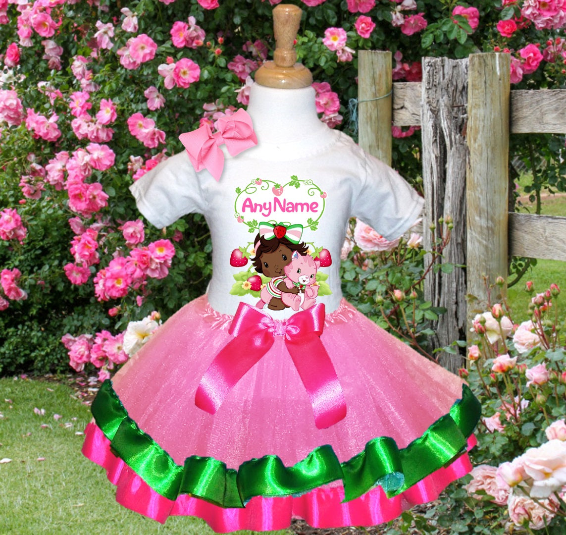 Strawberry Shortcake Black Baby Girl Tutu Set Girls Personalized Custom Pink Green Hot Pink Ribbon Trim Tutu Outfit Dress Theme Cake Smash Party