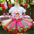 Strawberry Shortcake Baby Girl Tutu Set Girls Personalized Custom Red Hot Pink Green Ribbon Sewn Trim Tutu Outfit Dress Theme Cake Smash Birthday Party