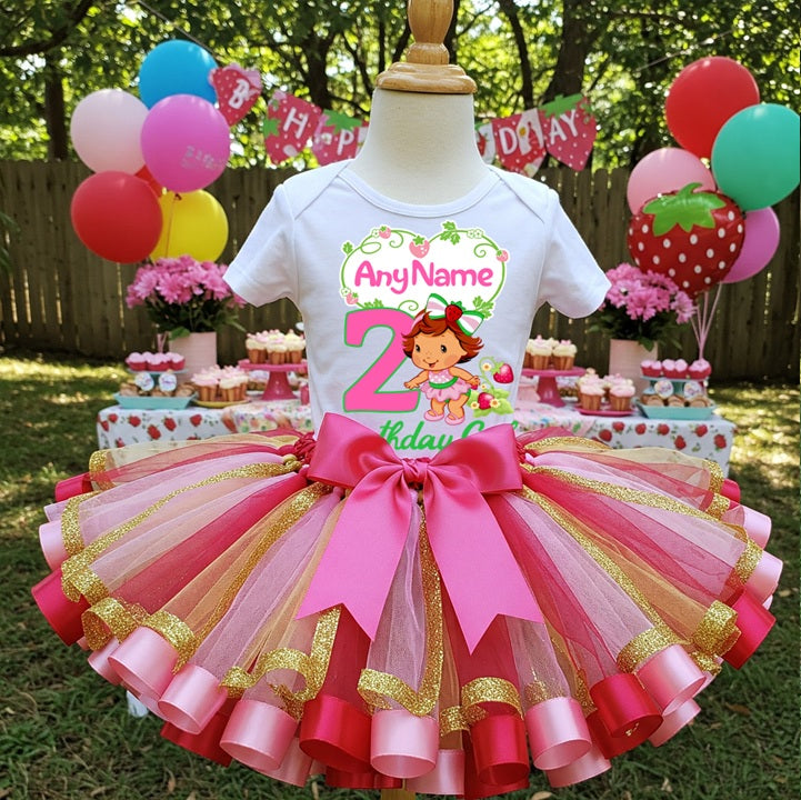 Strawberry Shortcake Baby Girl Tutu Set Girls Personalized Custom Red Pink Gold Ribbon Sewn Trim Tutu Outfit Dress Theme Cake Smash Birthday Party