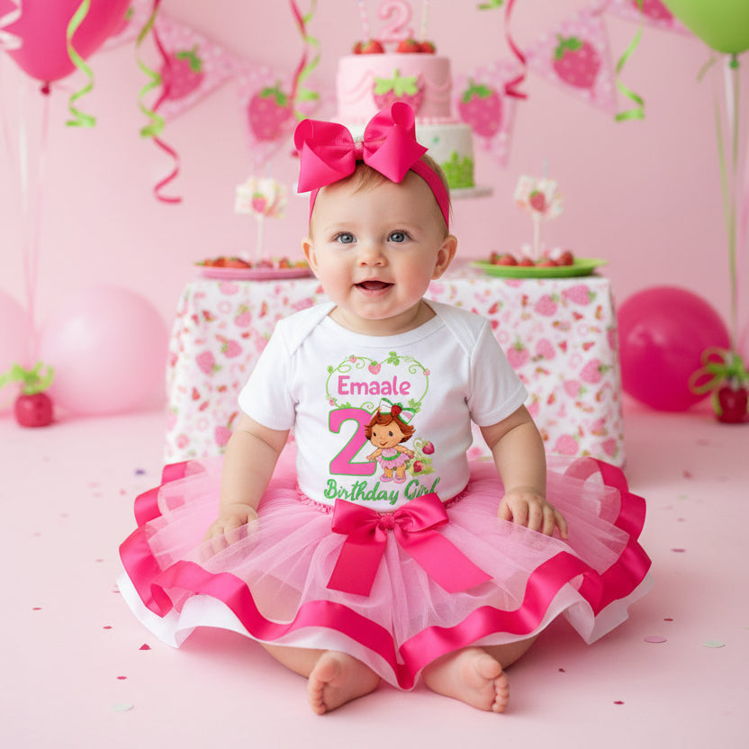 Strawberry Shortcake Baby Girl Tutu Set Girls Personalized Custom Pink Hot Pink White Ribbon Trim Tutu Outfit Dress Theme Cake Smash Birthday Party