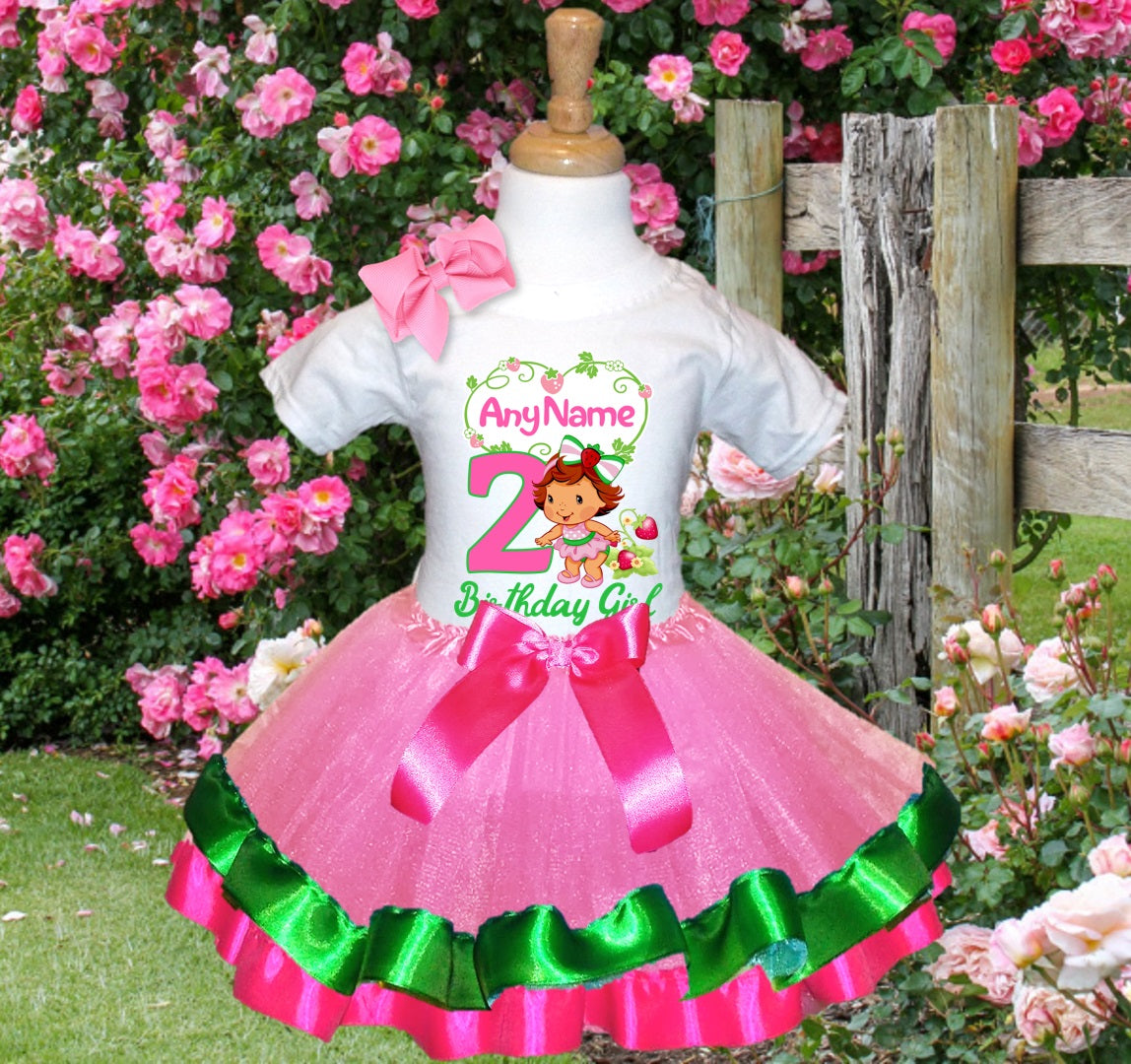 Strawberry Shortcake Baby Girl Tutu Set Girls Personalized Custom Pink Green Hot Pink Ribbon Trim Tutu Outfit Dress Theme Cake Smash Birthday Party