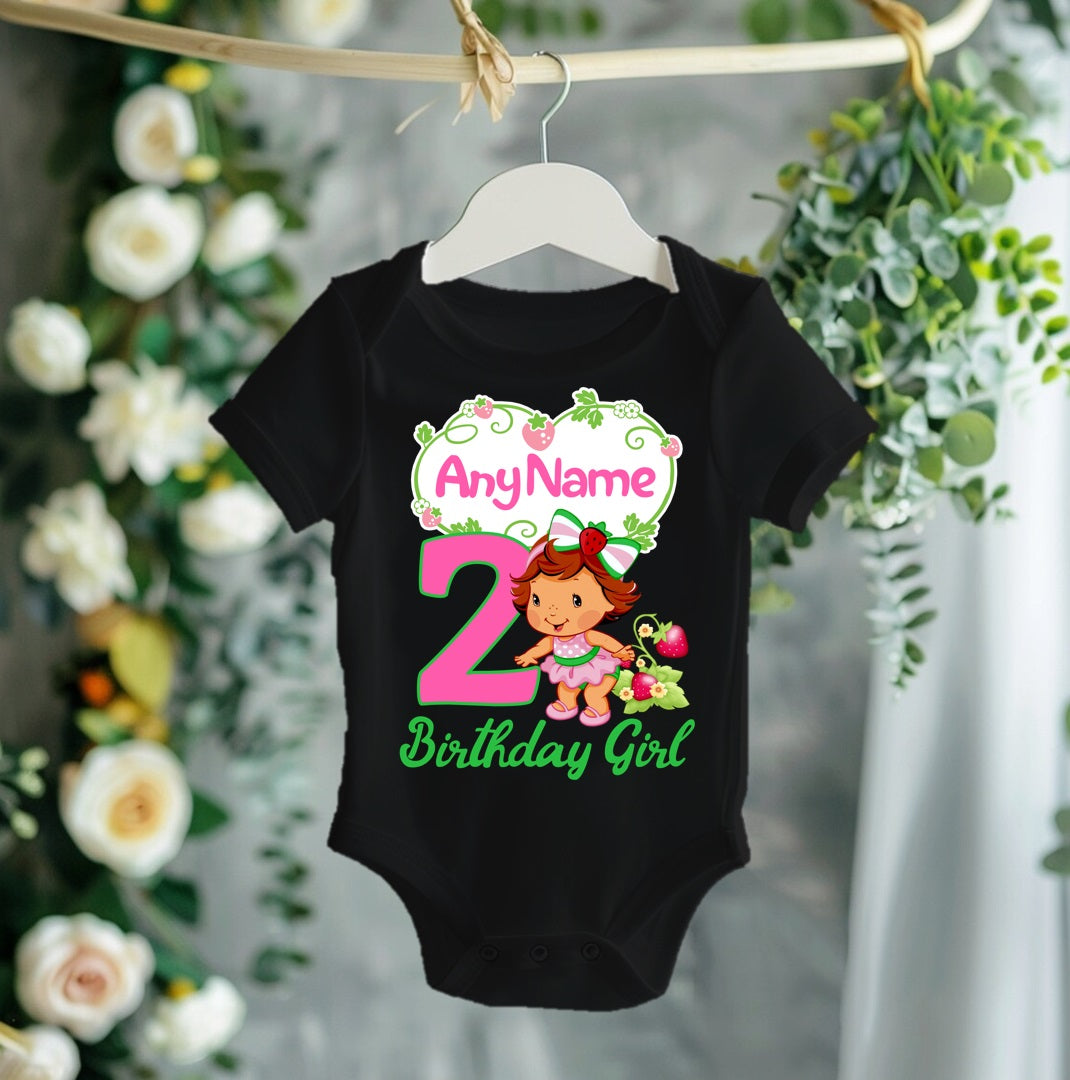 Strawberry Shortcake Baby Girl Personalized Custom Black T-Shirt or Onesie Theme Cake Smash Birthday Party