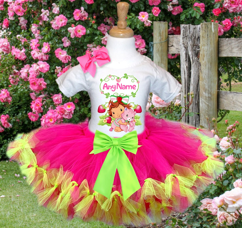 Strawberry Shortcake Baby Girl Tutu Set Girls Personalized Custom Hot Pink Lime Green Knots Tutu Outfit Dress Theme Cake Smash Party