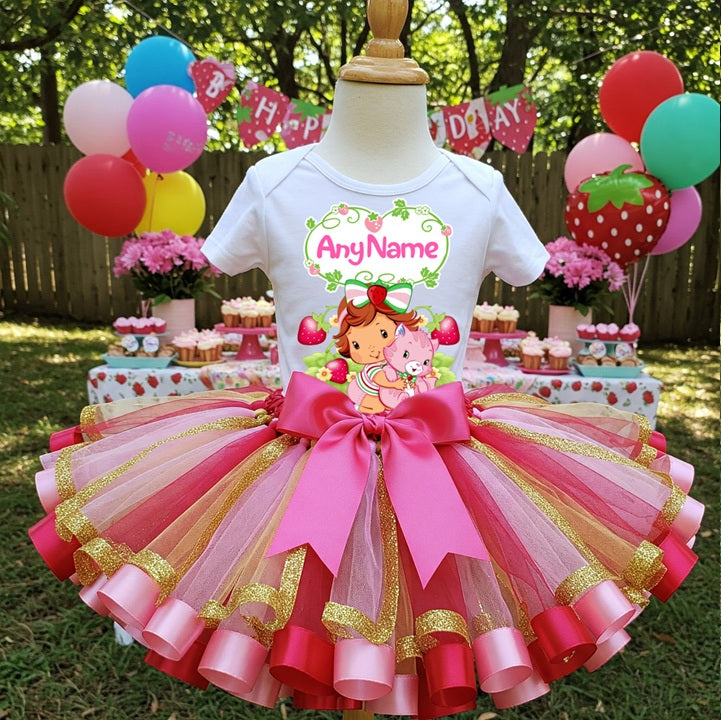 Strawberry Shortcake Baby Girl Tutu Set Girls Personalized Custom Red Pink Gold Ribbon Sewn Trim Tutu Outfit Dress Theme Cake Smash Party