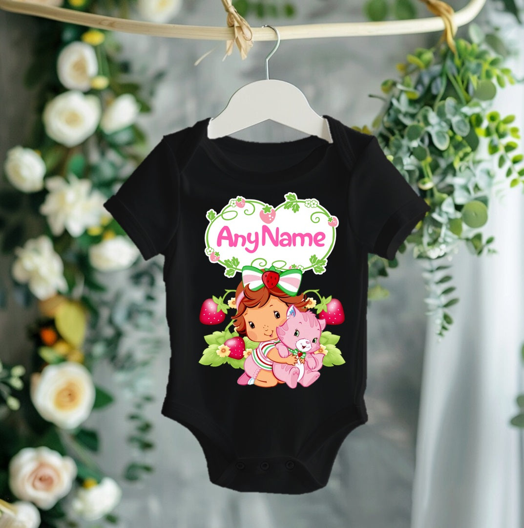 Strawberry Shortcake Baby Girl Personalized Custom Black T-Shirt or Onesie Theme Cake Smash Party