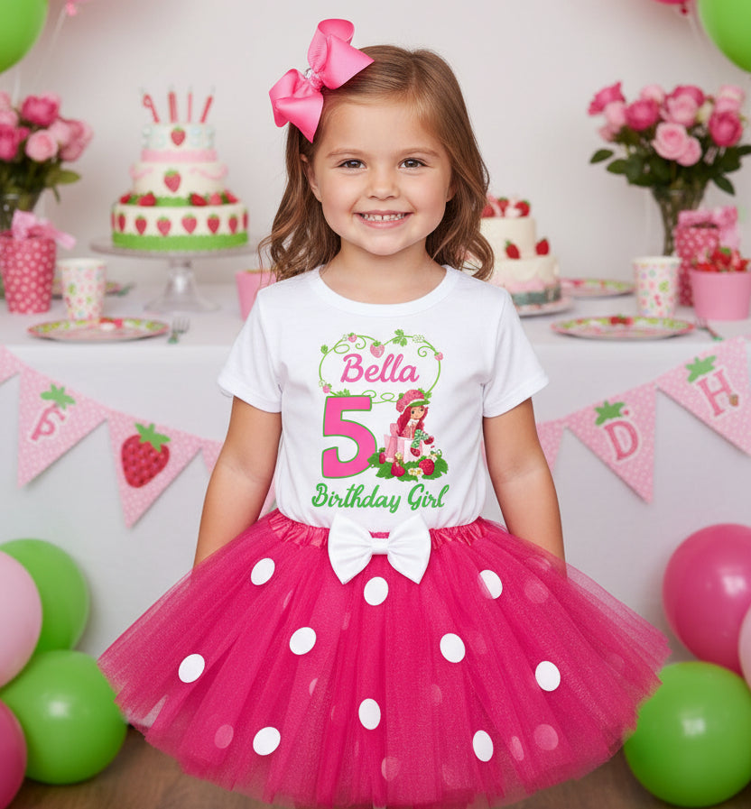Strawberry Shortcake Tutu Set Girls Personalized Custom Hot Pink White Polka Dots Tutu Outfit Dress Theme Cake Smash Birthday Party