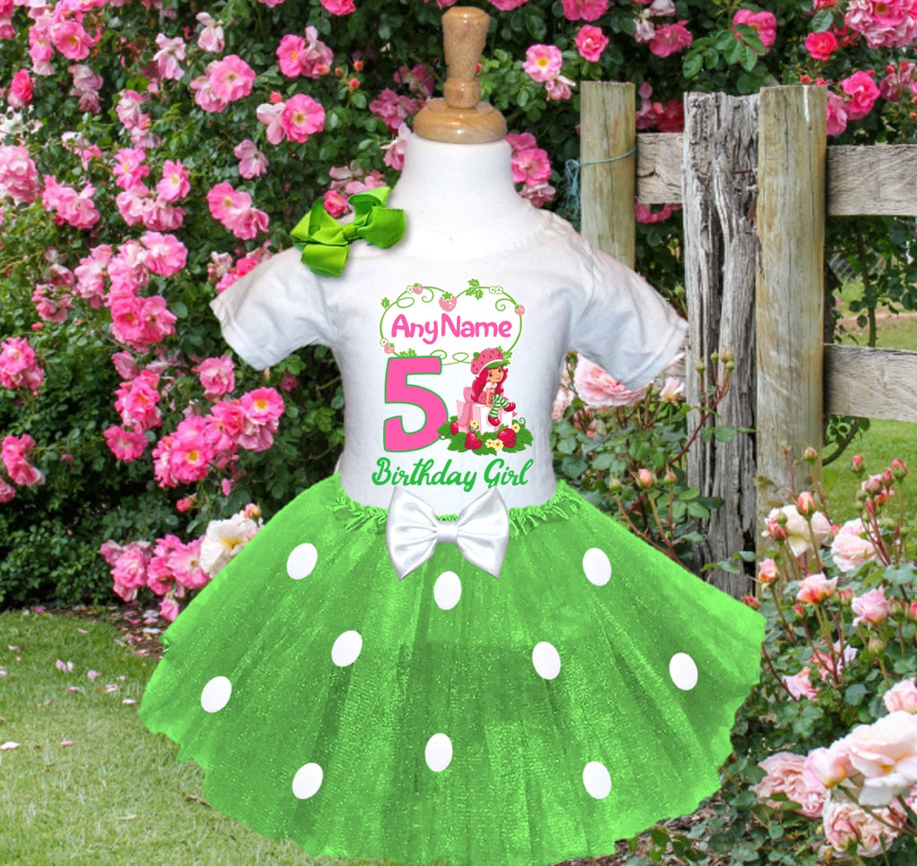 Strawberry Shortcake Tutu Set Girls Personalized Custom Green White Polka Dots Tutu Outfit Dress Theme Cake Smash Birthday