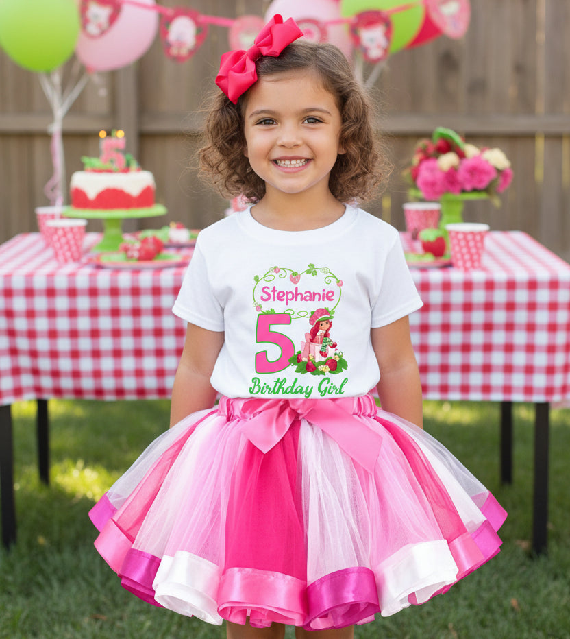 Strawberry Shortcake Tutu Set Girls Personalized Custom Hot Pink White Pink Ribbon Tutu Outfit Dress Theme Cake Smash Birthday Party