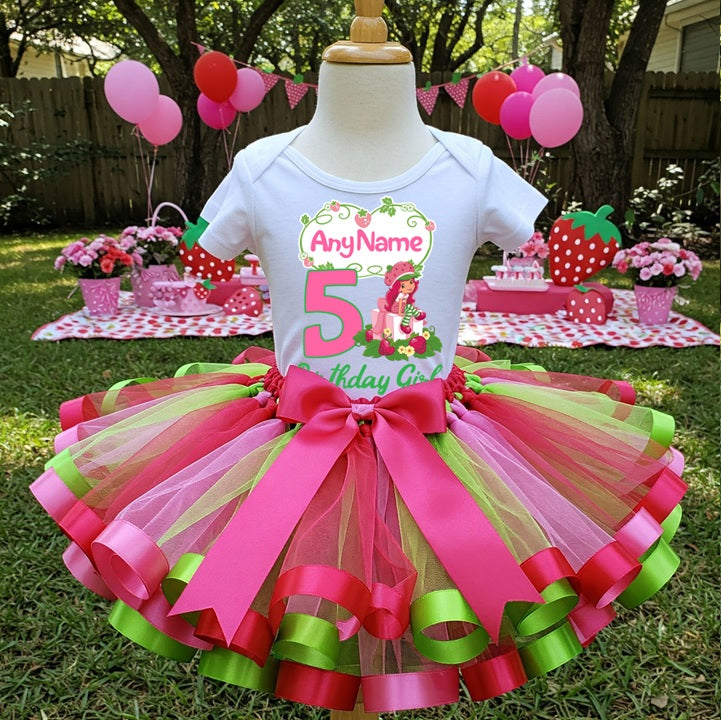 Strawberry Shortcake Tutu Set Girls Personalized Custom Red Hot Pink Green Ribbon Sewn Trim Tutu Outfit Dress Theme Cake Smash Birthday Party