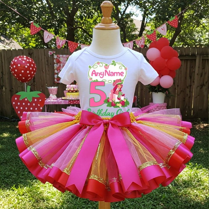 Strawberry Shortcake Tutu Set Girls Personalized Custom Red Hot Pink Gold Ribbon Sewn Trim Tutu Outfit Dress Theme Cake Smash Birthday Party