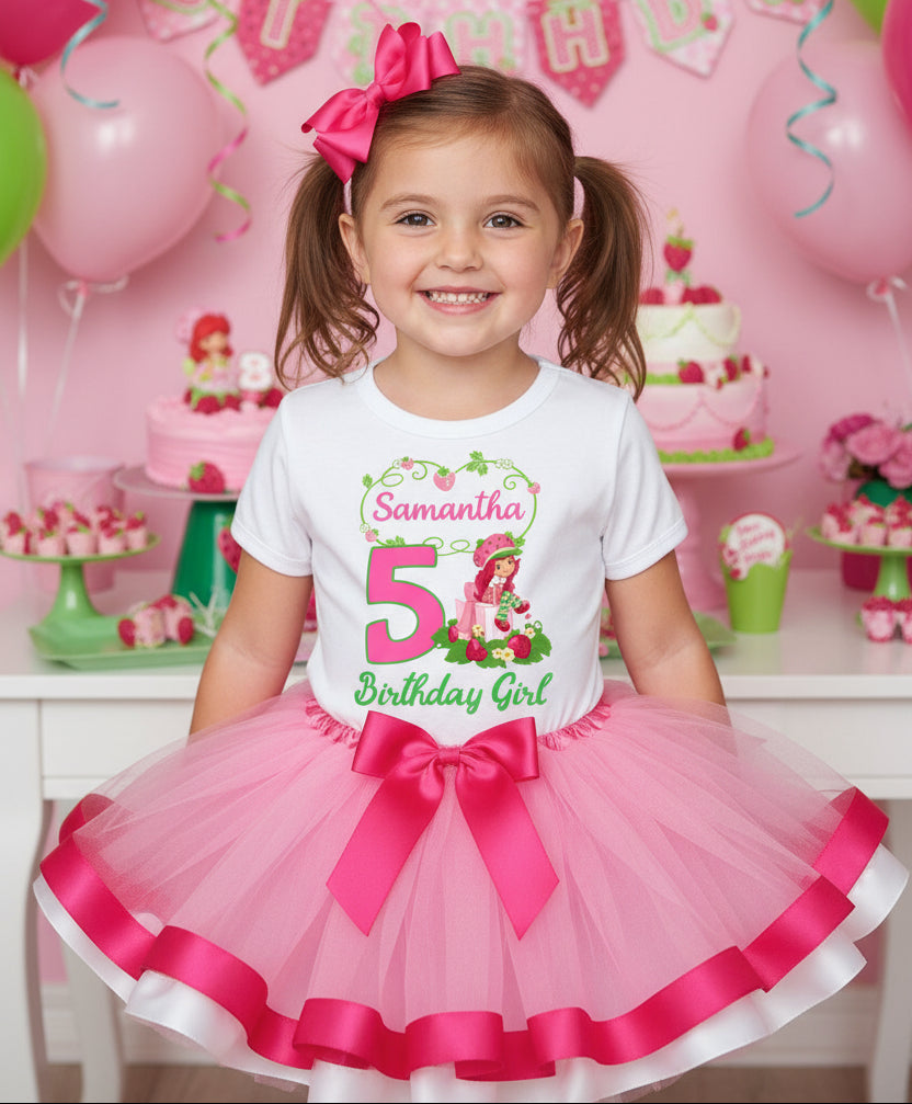 Strawberry Shortcake Tutu Set Girls Personalized Custom Pink Hot Pink White Ribbon Trim Tutu Outfit Dress Theme Cake Smash Birthday Party