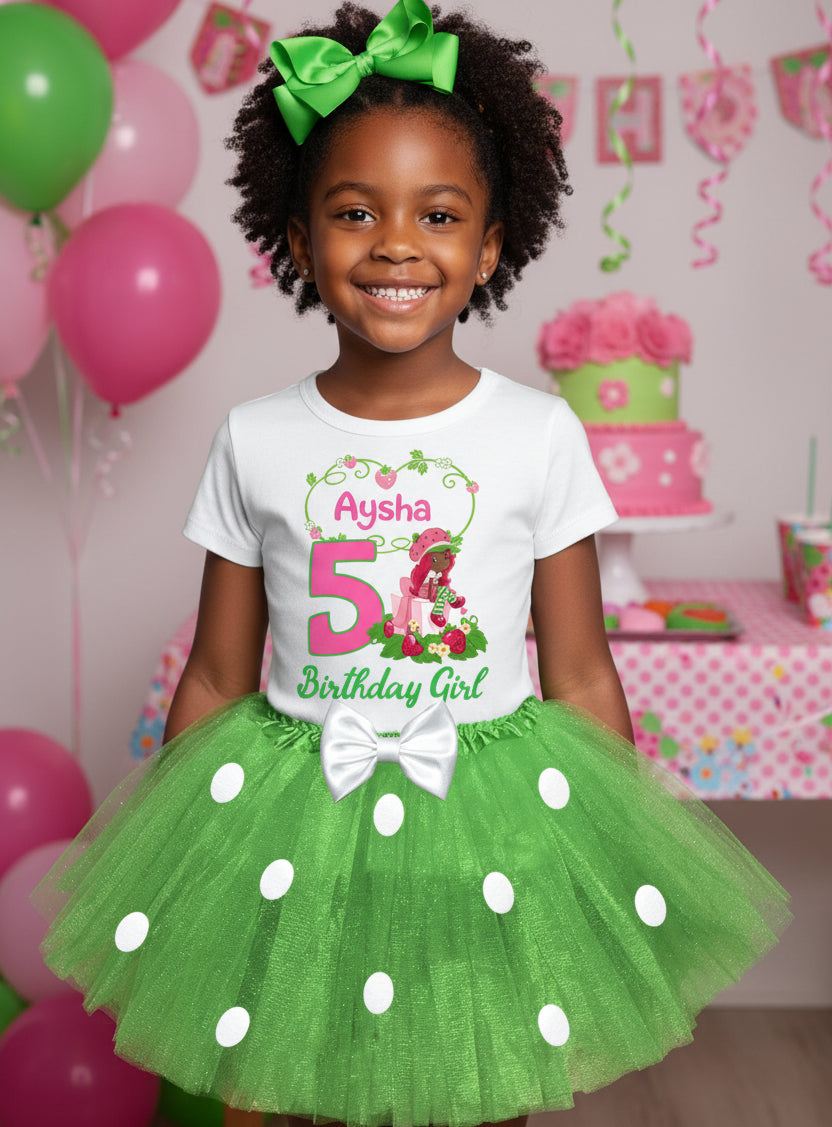 Strawberry Shortcake Black Girl Tutu Set Girls Personalized Custom Green White Polka Dots Tutu Outfit Dress Theme Cake Smash Birthday Party