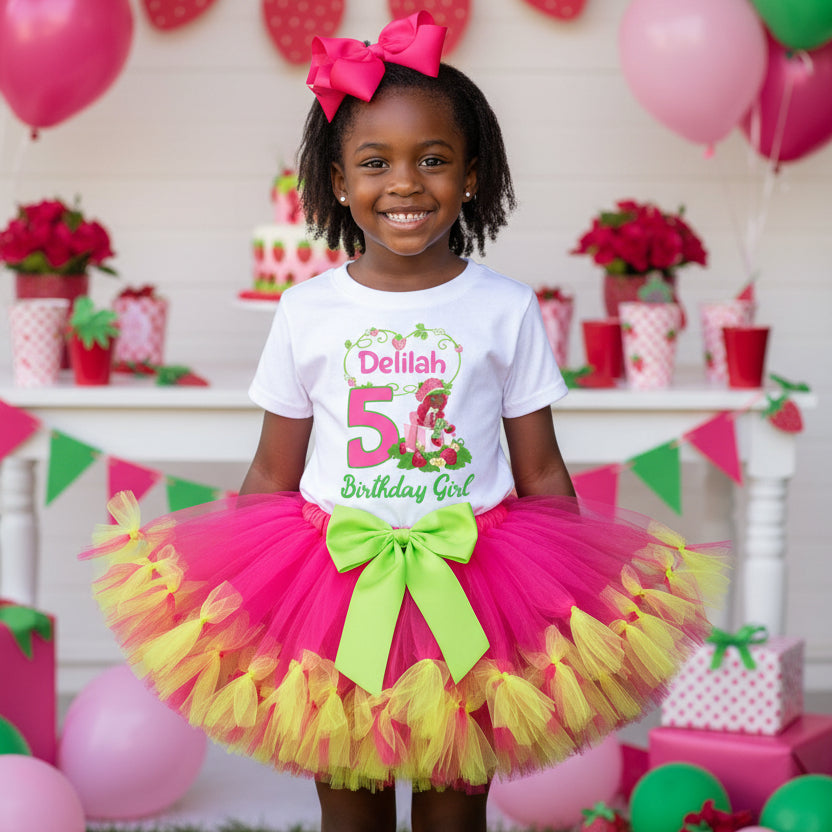 Strawberry Shortcake Black Girl Tutu Set Girls Personalized Custom Hot Pink Lime Green Knots Tutu Outfit Dress Theme Cake Smash Birthday Party