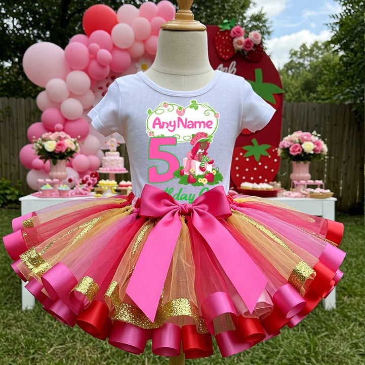 Strawberry Shortcake Black Girl Tutu Set Girls Personalized Custom Red Pink Gold Ribbon Sewn Trim Tutu Outfit Dress Theme Cake Smash Birthday Party