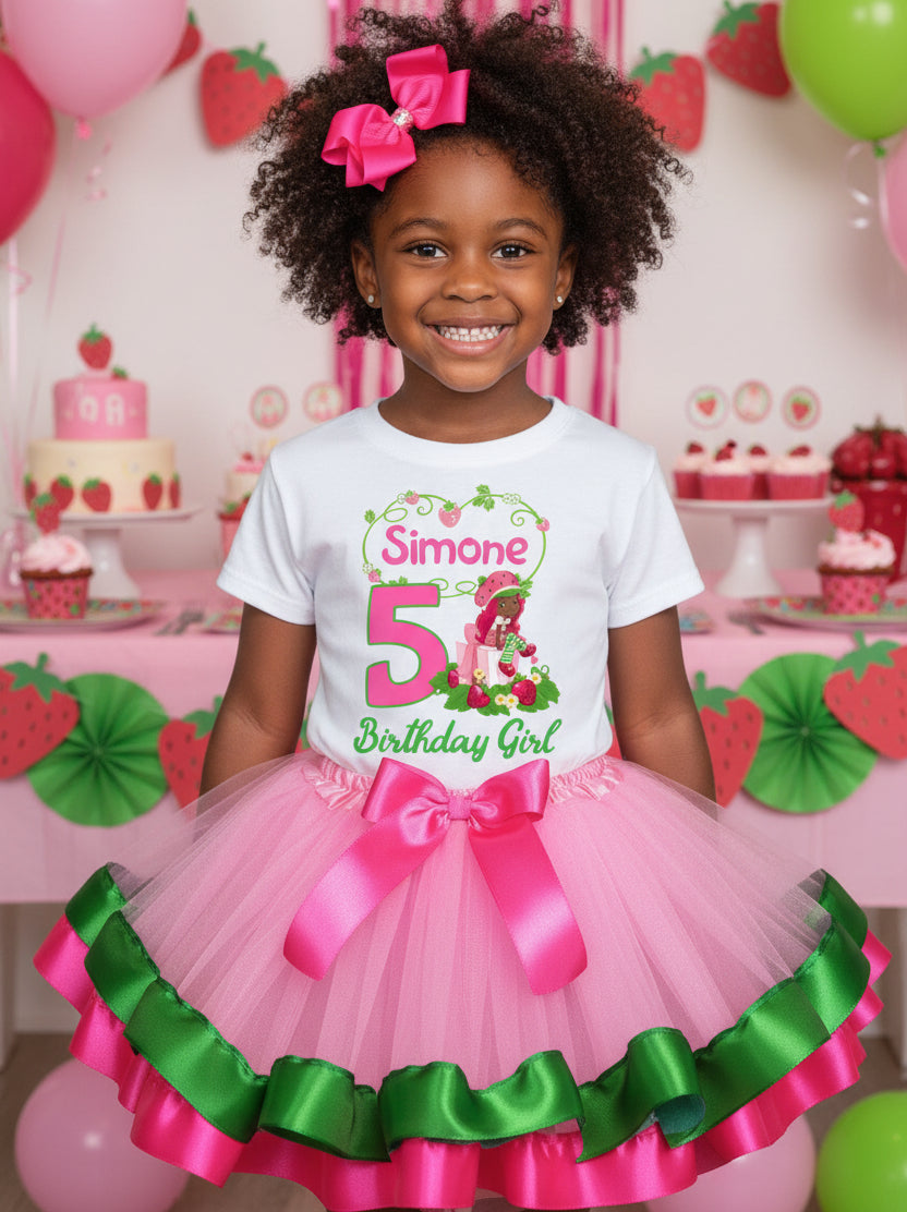 Strawberry Shortcake Black Girl Tutu Set Girls Personalized Custom Pink Green Hot Pink Ribbon Trim Tutu Outfit Dress Theme Cake Smash Birthday Party