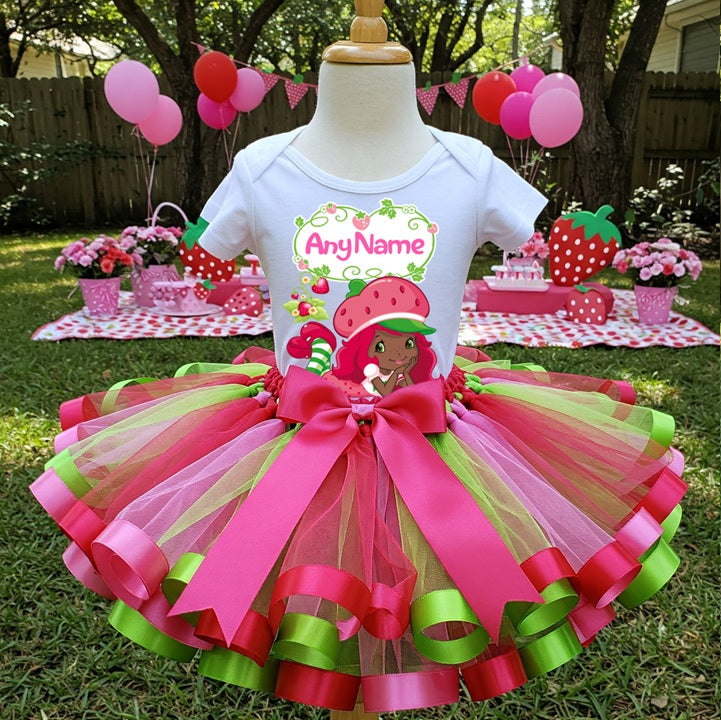Strawberry Shortcake Black Girl Tutu Set Girls Personalized Custom Red Pink Green Ribbon Sewn Trim Tutu Outfit Dress Theme Cake Smash Party