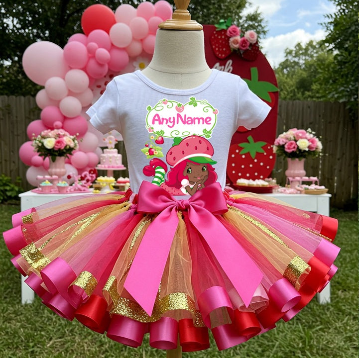 Strawberry Shortcake Black Girl Tutu Set Girls Personalized Custom Red Pink Gold Ribbon Sewn Trim Tutu Outfit Dress Theme Cake Smash Party