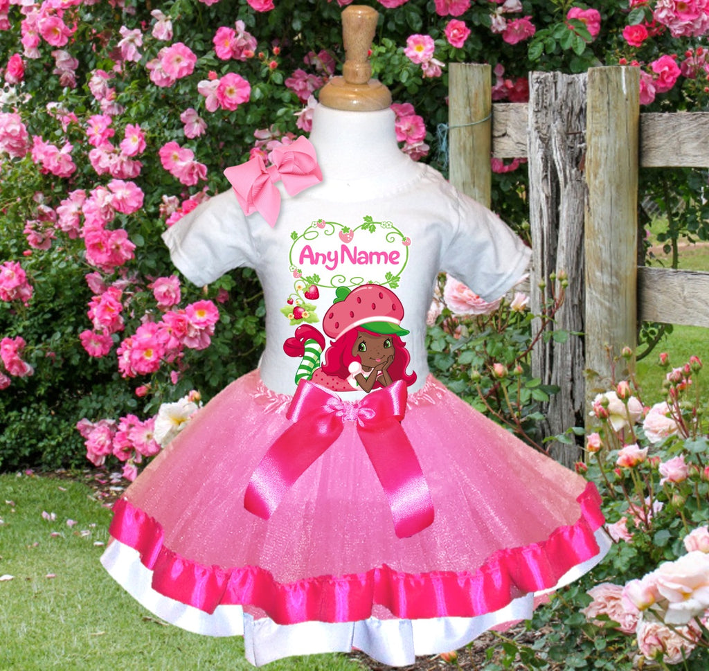 Strawberry Shortcake Black Girl Tutu Set Girls Personalized Custom Pink Hot Pink White Ribbon Trim Tutu Outfit Dress Theme Cake Smash Party