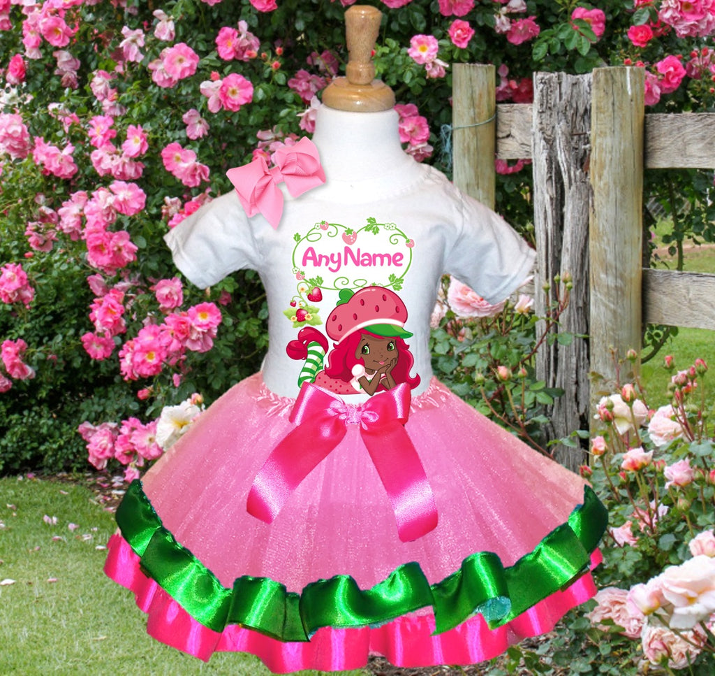 Strawberry Shortcake Black Girl Tutu Set Girls Personalized Custom Pink Green Hot Pink Ribbon Trim Tutu Outfit Dress Theme Cake Smash Party