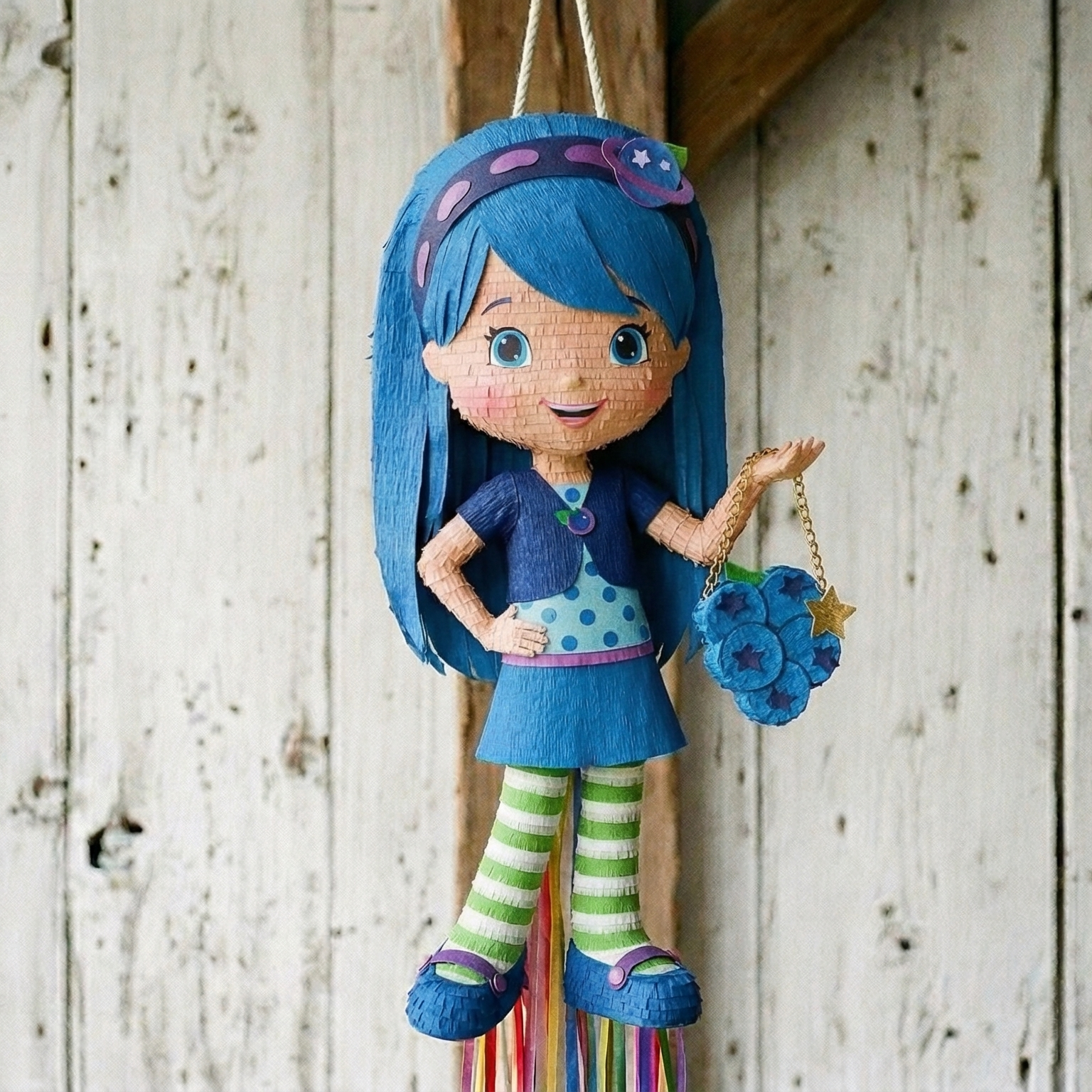 Premium Handmade 30-Inch Strawberry Shortcake Blueberry Muffin Character Pull-String Piñata Table Decor Party Centerpiece