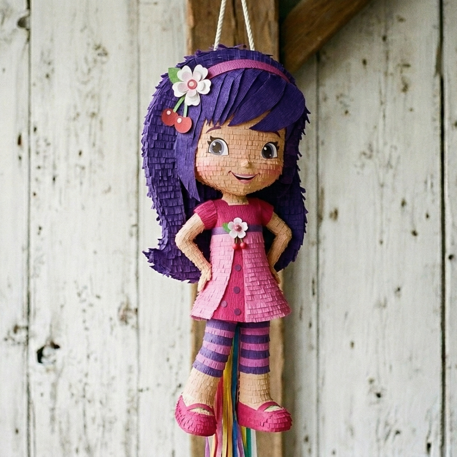 Premium Handmade 30-Inch Strawberry Shortcake Cherry Jam Character Pull-String Piñata Table Decor Party Centerpiece