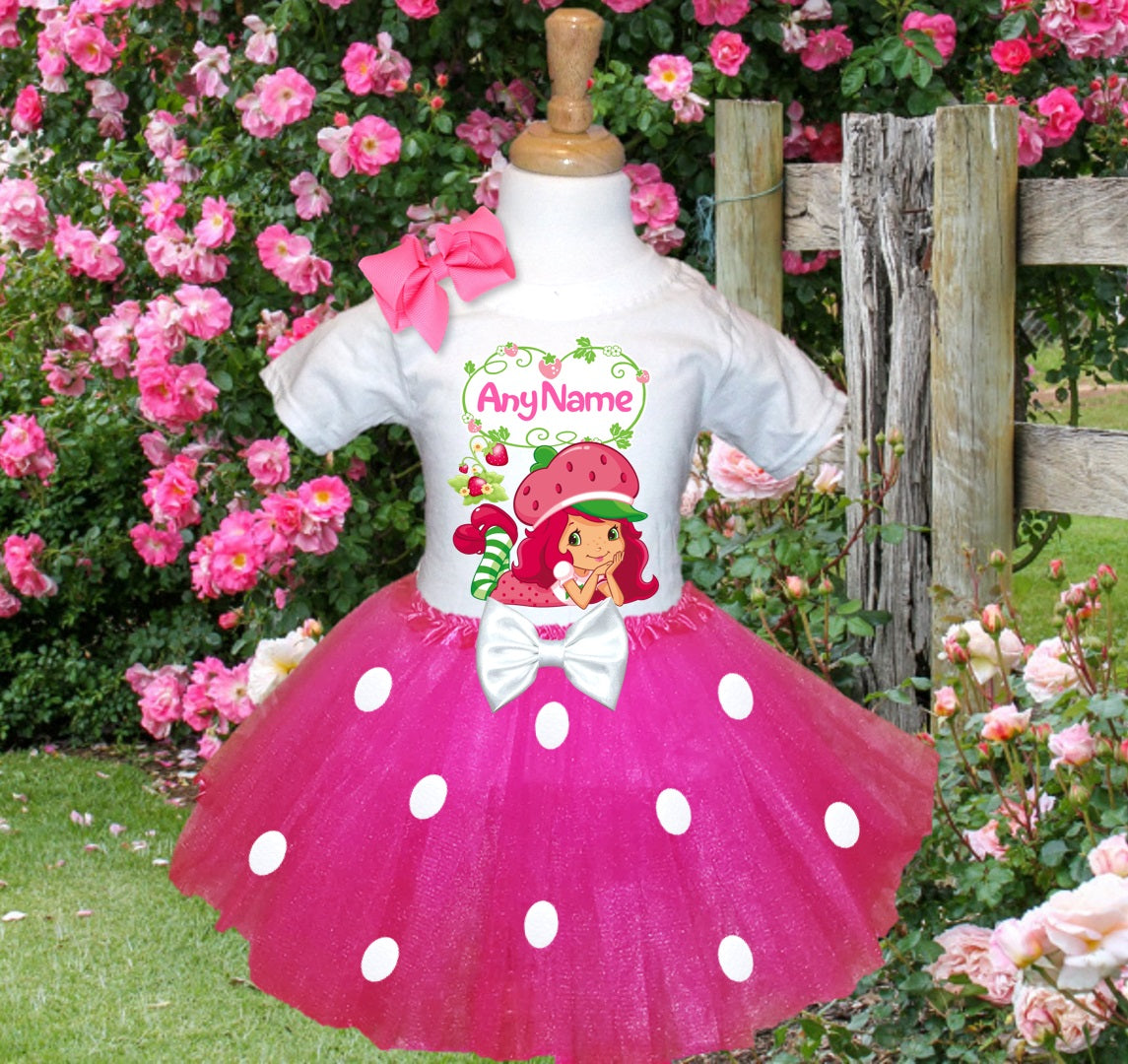 Strawberry Shortcake Tutu Set Girls Personalized Custom Hot Pink White Polka Dots Tutu Outfit Dress Theme Cake Smash Party