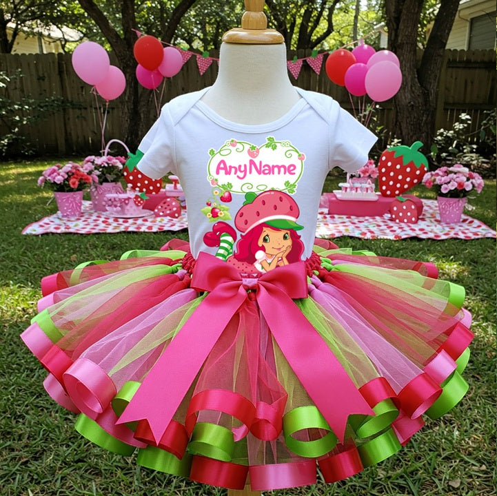 Strawberry Shortcake Tutu Set Girls Personalized Custom Red Hot Pink Green Ribbon Sewn Trim Tutu Outfit Dress Theme Cake Smash Party