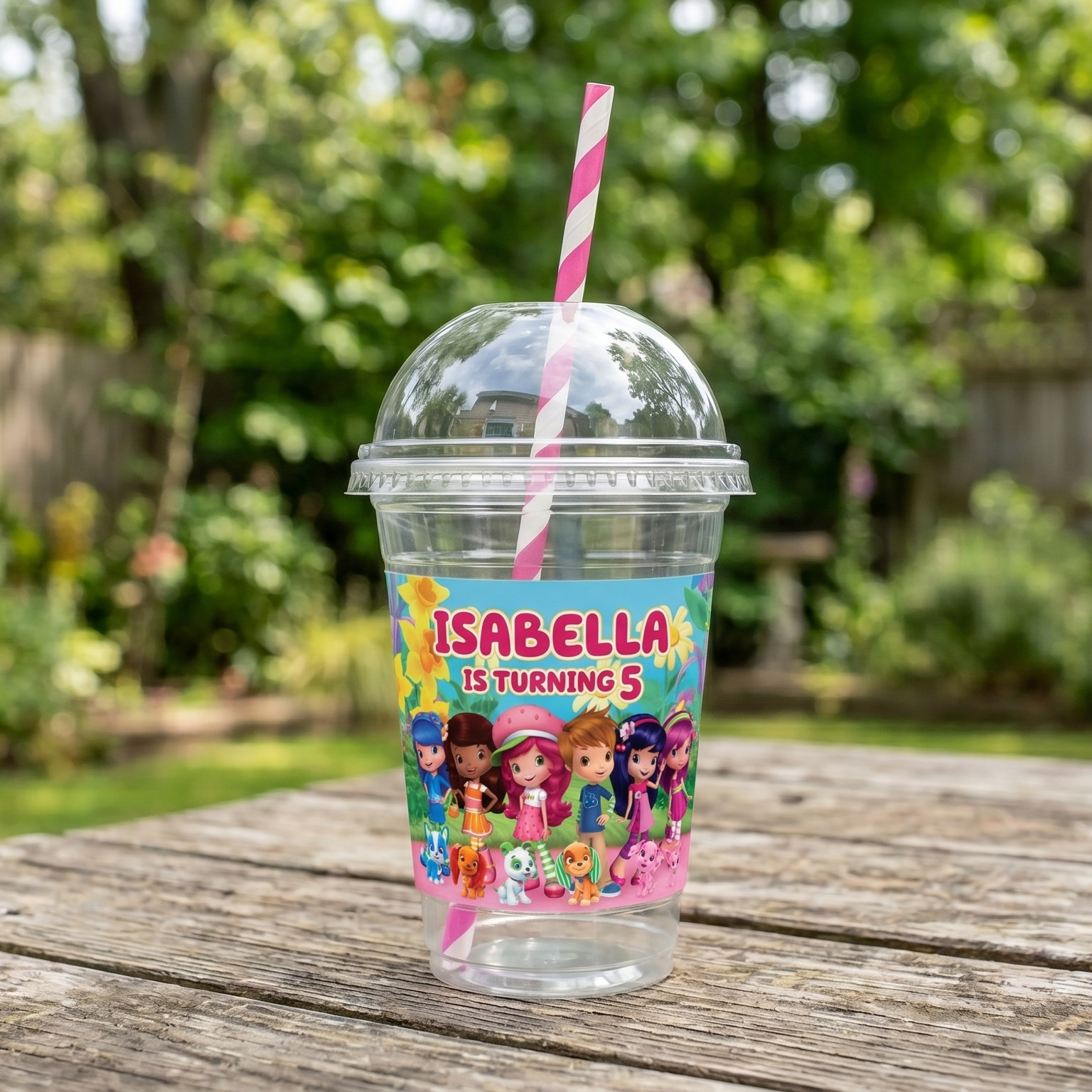 (Pack of 6) Strawberry Shortcake Custom Personalized Birthday Party 16 oz Cups with Dome Lids & Straws