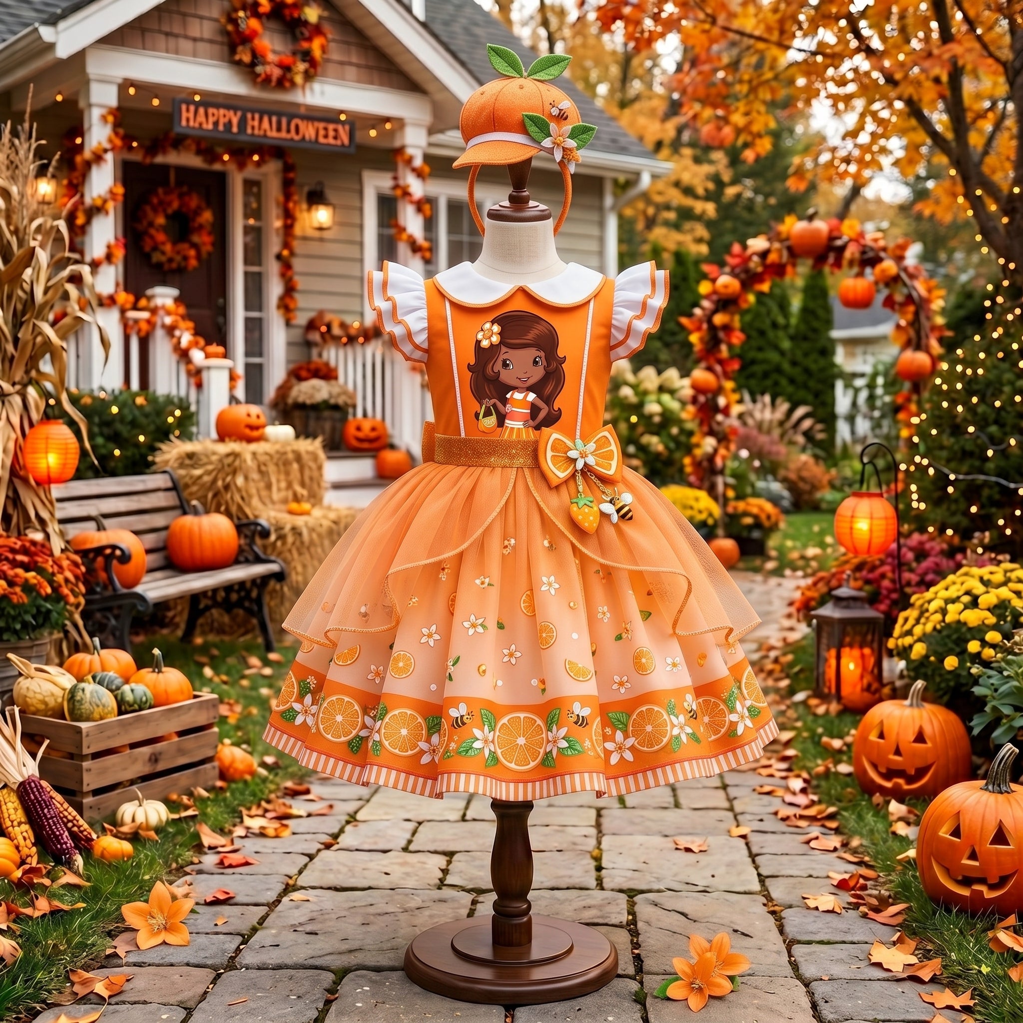 Strawberry Shortcake Orange Blossom Girls' Deluxe Sparkle Tutu Party Costume Dress Set with Matching Headband Halloween Birthday Pageant
