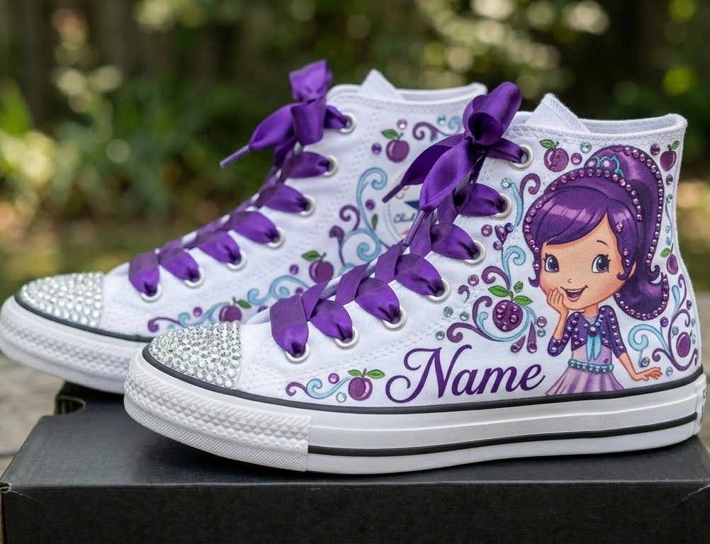 Custom Strawberry Shortcake Plum Pudding High-Top Sneakers Shoes Personalized with Name, Ribbon Laces & Rhinestones Birthday Parties Everyday Gift