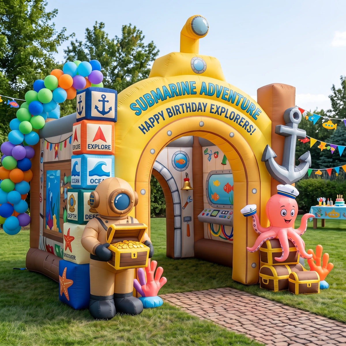 Deep Sea Submarine Theme Premium 10' x 10' Birthday House Inflatable Blow Up Walk-Through Archway Experience Decor Prop