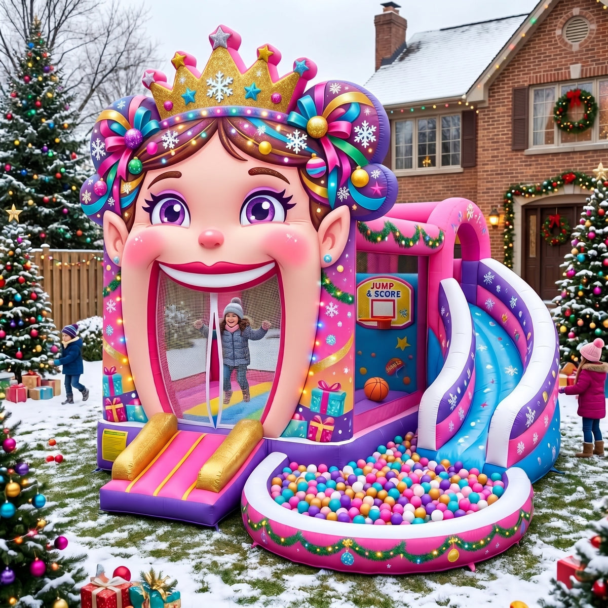 Play Bounce House Jumping Playhouse area with Slide and Ball Pit Christmas Sugar Plum Fairy's Head Castle Theme