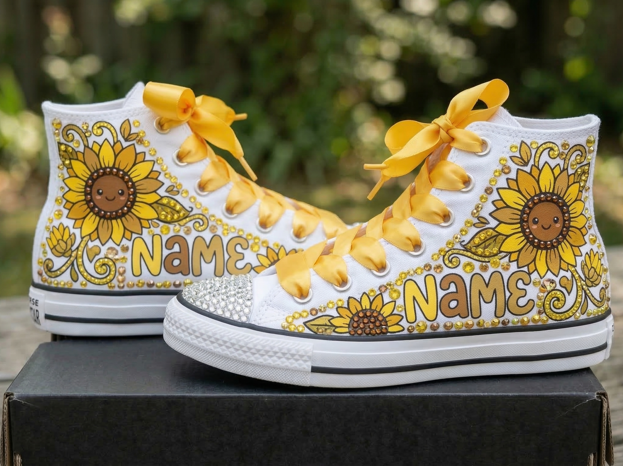 Custom Sunflower High-Top Sneakers Shoes Personalized with Name, Ribbon Laces & Rhinestones Birthday Parties Everyday Gift