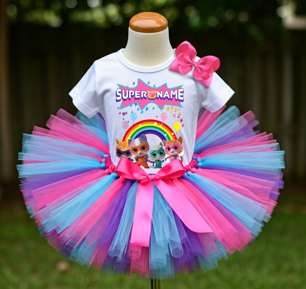 Super Kitties Tutu Set Girls Personalized Custom Hot Pink Blue Purple Tutu Outfit Dress Theme Cake Smash Party