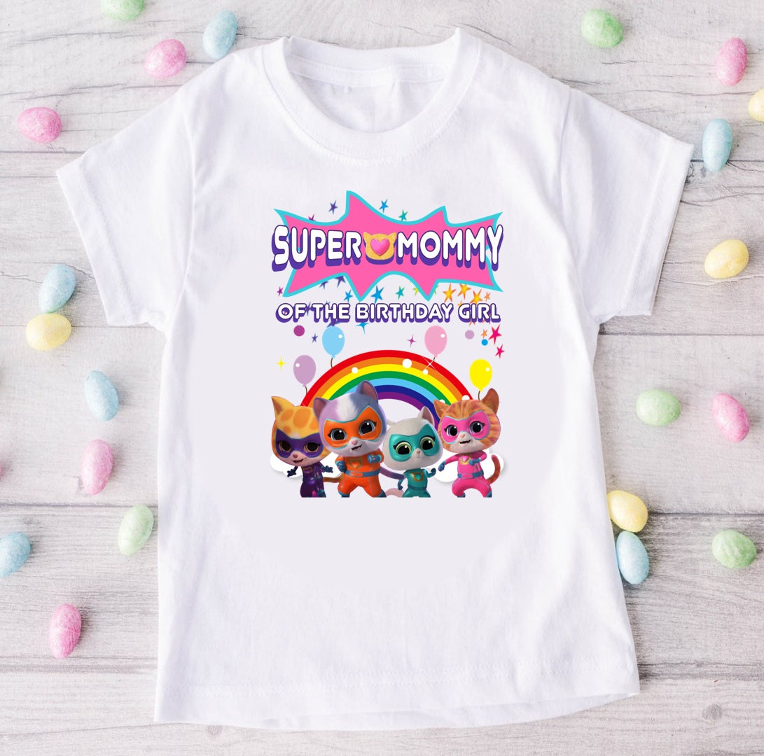 Super Kitties Personalized Custom White Family T-Shirt or Onesie Pack Theme Cake Smash Birthday Party
