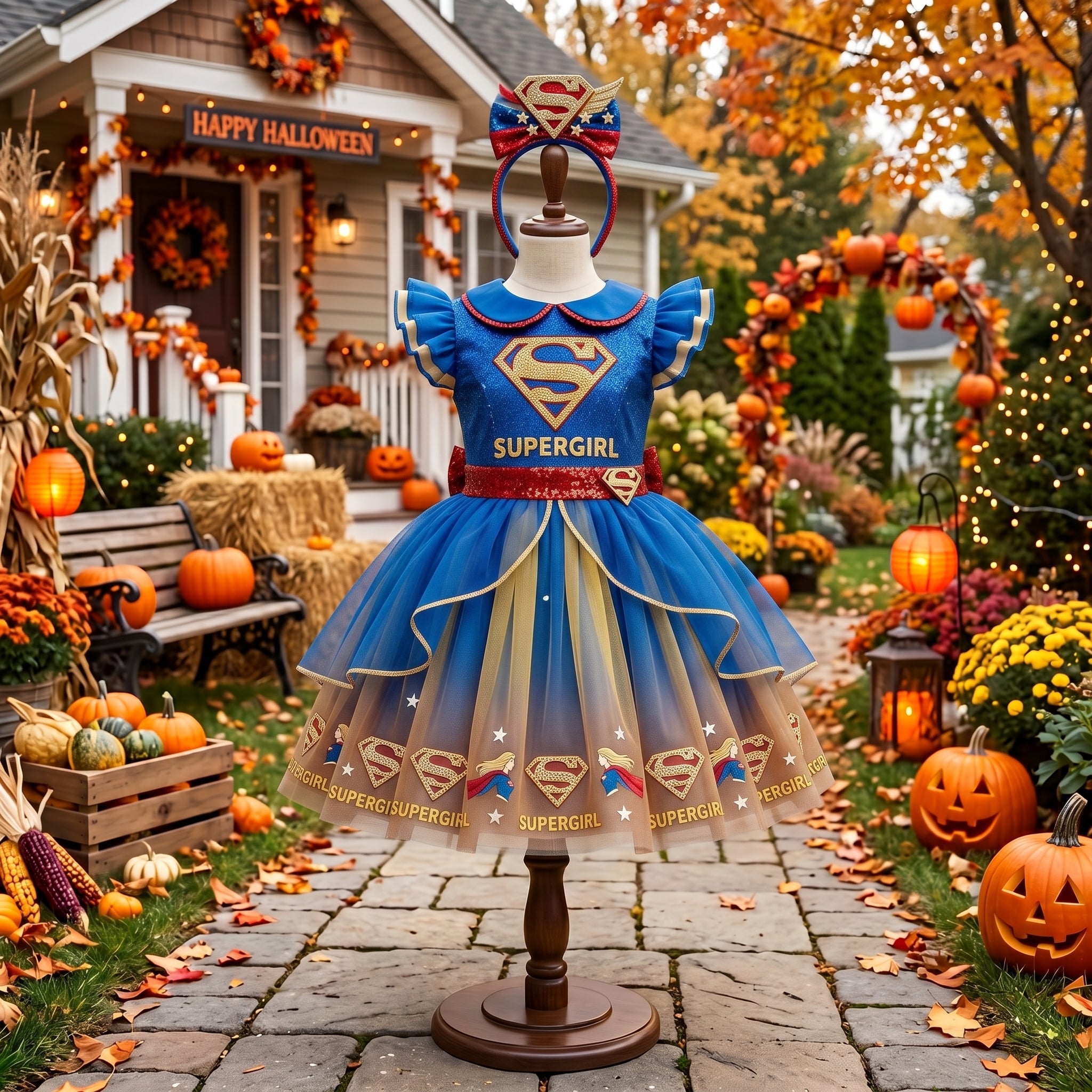 Supergirl Girls' Deluxe Sparkle Tutu Party Costume Dress Set with Matching Headband Halloween Birthday Pageant