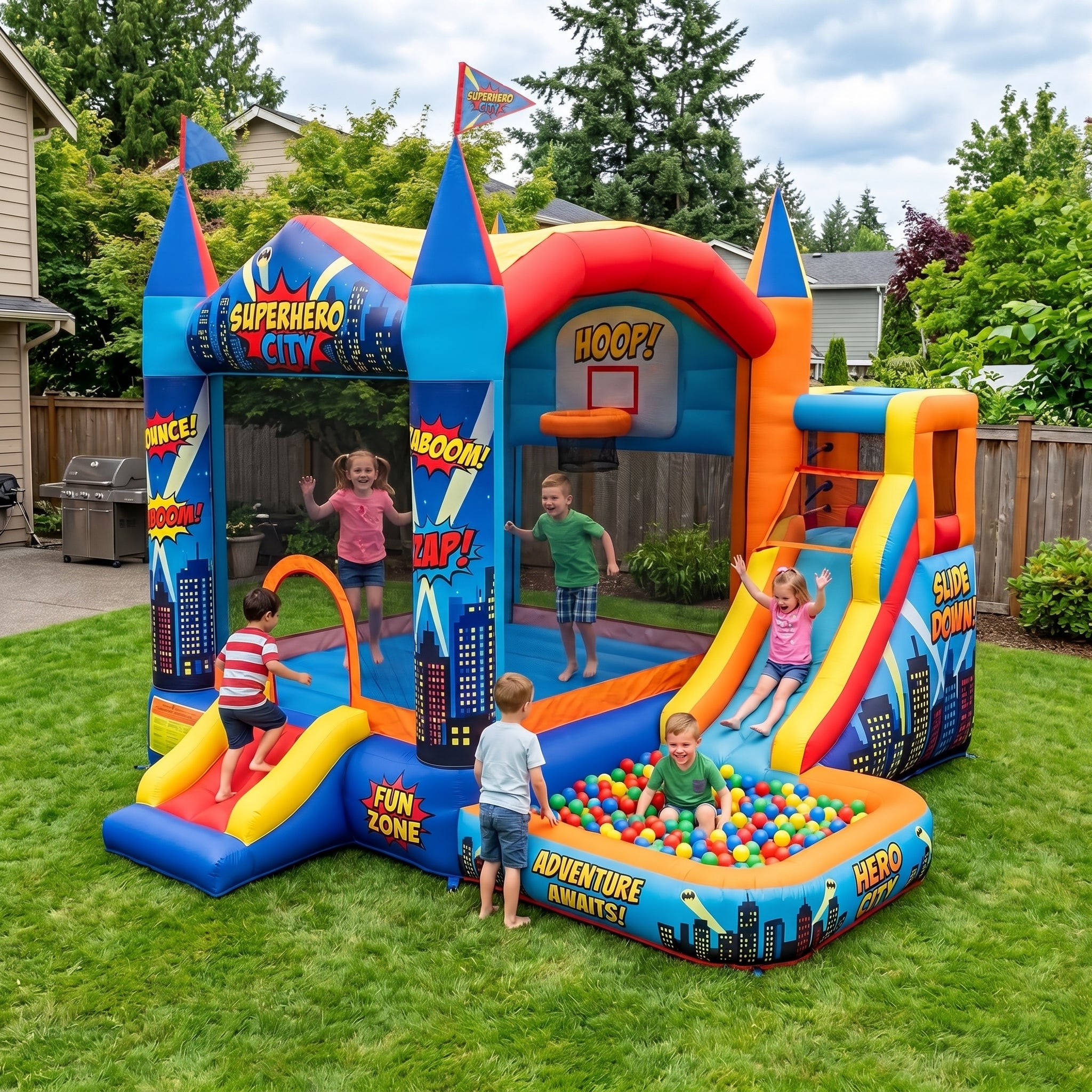 Play Bounce House Jumping Playhouse area with Slide and Ball Pit Superhero Theme