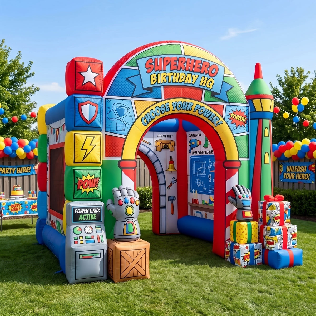 Superheroes Comic Book Theme Premium 10' x 10' Birthday House Inflatable Blow Up Walk-Through Archway Experience Decor Prop