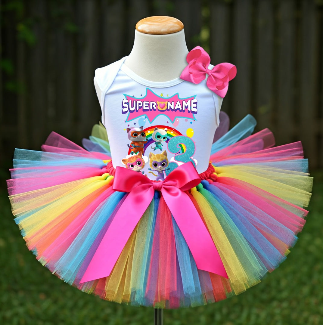 Super Kitties Tutu Set Girls Personalized Custom Rainbow Tutu Outfit Dress Theme Cake Smash Birthday Party