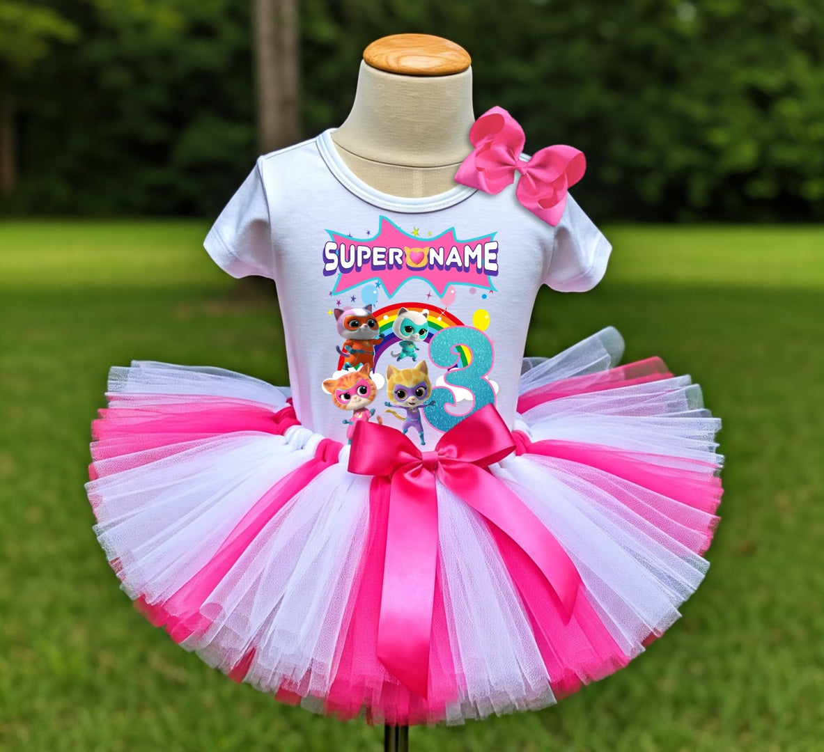 Super Kitties Tutu Set Girls Personalized Custom Hot Pink White Pink Tutu Outfit Dress Theme Cake Smash Birthday Party