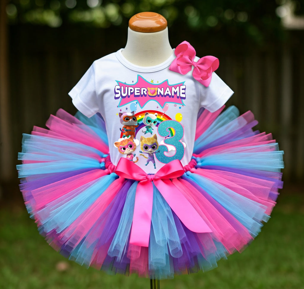 Super Kitties Tutu Set Girls Personalized Custom Hot Pink Blue Purple Tutu Outfit Dress Theme Cake Smash Birthday Party