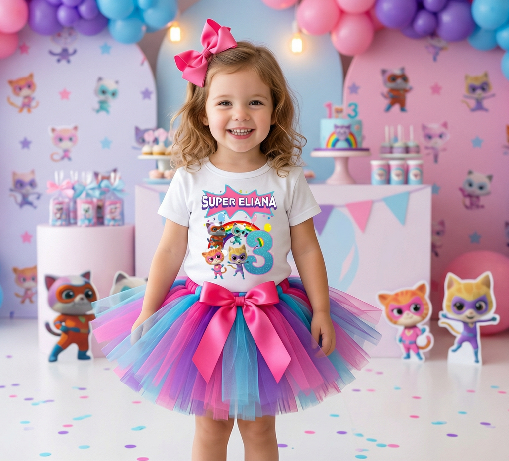 Super Kitties Tutu Set Girls Personalized Custom Hot Pink Blue Purple Tutu Outfit Dress Theme Cake Smash Birthday Party