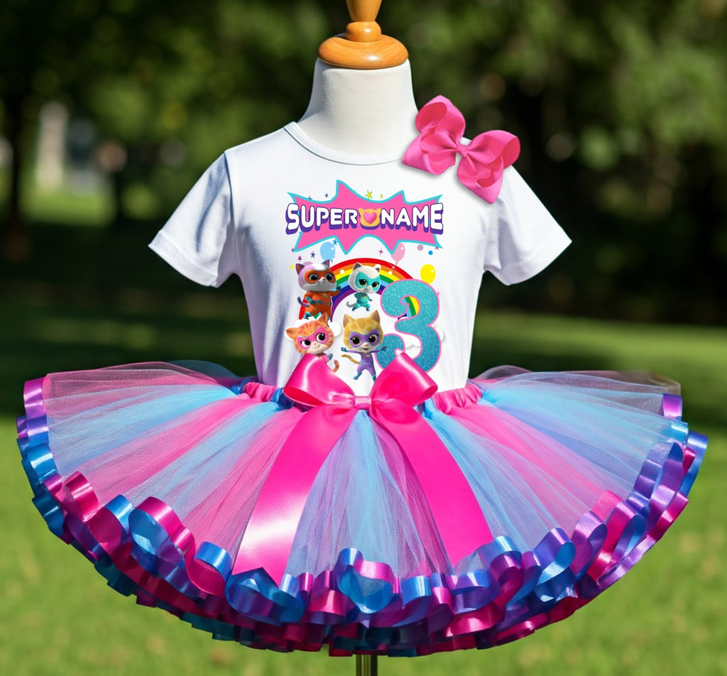 Super Kitties Tutu Set Girls Personalized Custom Hot Pink Blue Purple Ribbon Sewn Trim Tutu Outfit Dress Theme Cake Smash Birthday Party