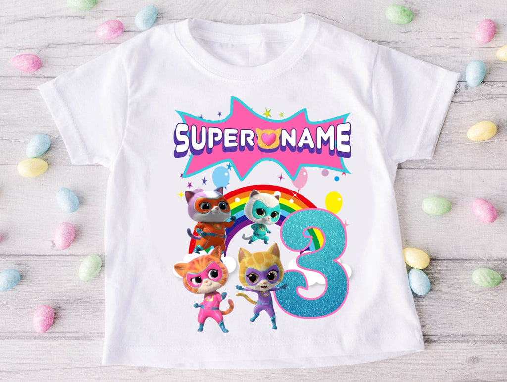 Super Kitties Personalized Custom White Family T-Shirt or Onesie Pack Theme Cake Smash Birthday Party