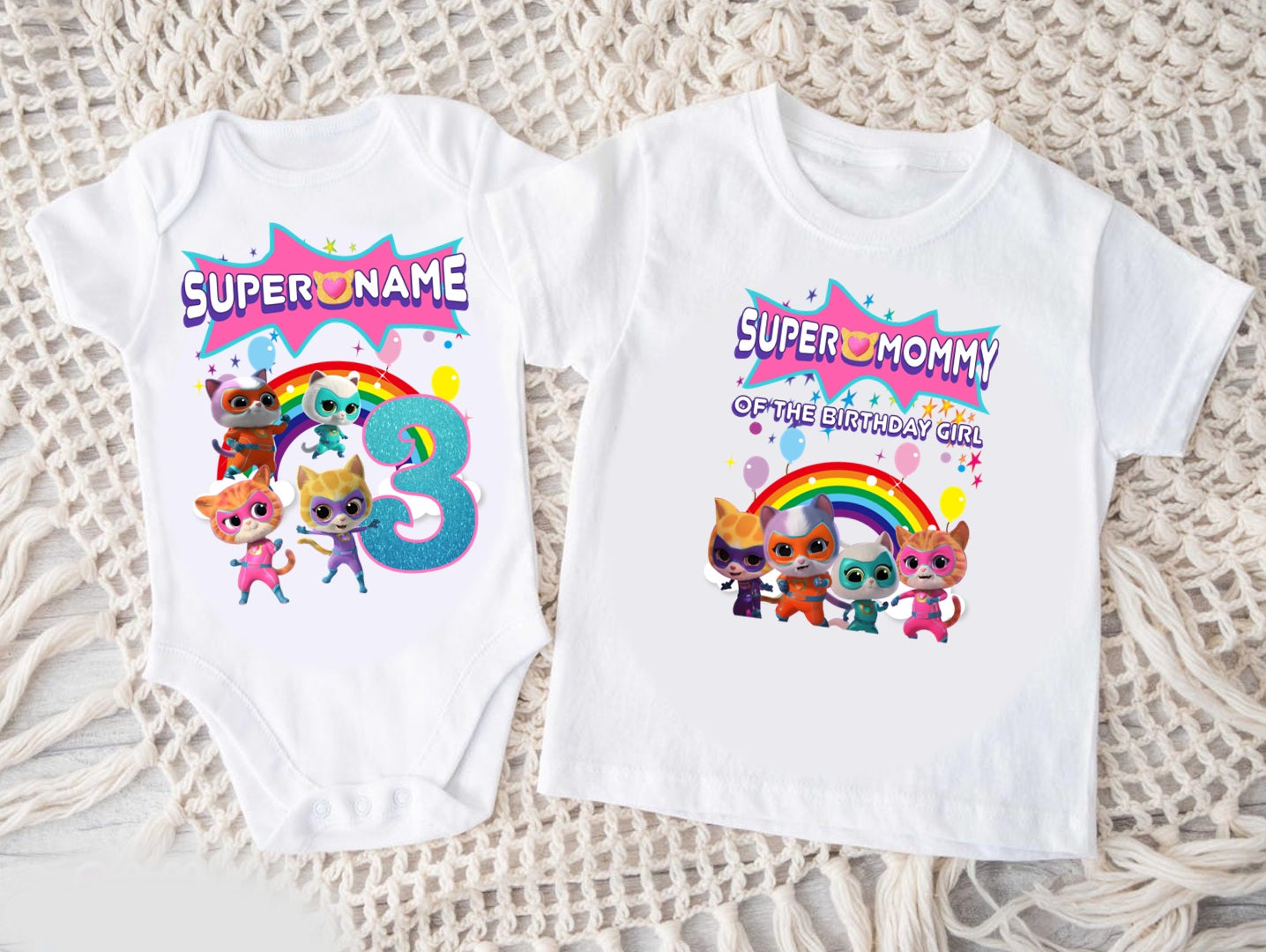 Super Kitties Personalized Custom White Family T-Shirt or Onesie Pack Theme Cake Smash Birthday Party