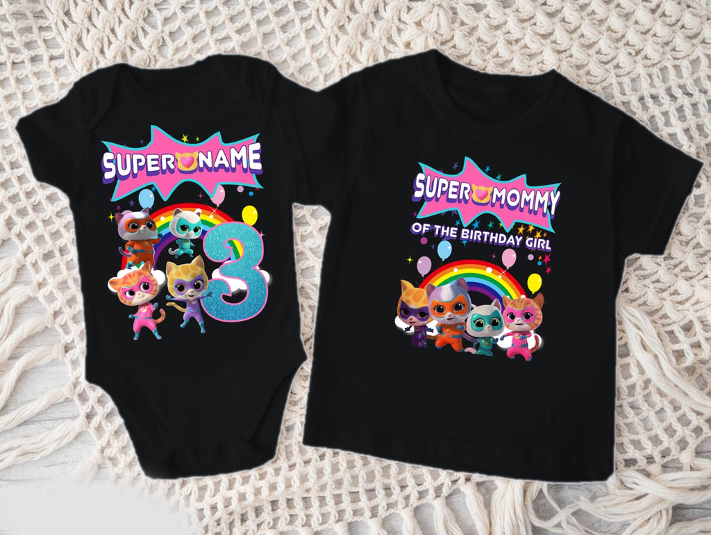 Super Kitties Personalized Custom Black Family T-Shirt or Onesie Pack Theme Cake Smash Birthday Party